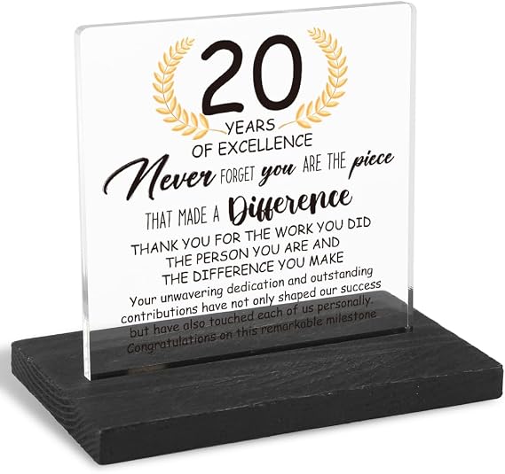 20 Years Work Anniversary Desk Decor Gifts for Employee, 20th Grade Promotion Gifts for Coworker,Modern Transparent Acrylic Desk Plaque with Inspirational Quotes, 10 x 10 x 1.5 cm,XXY110