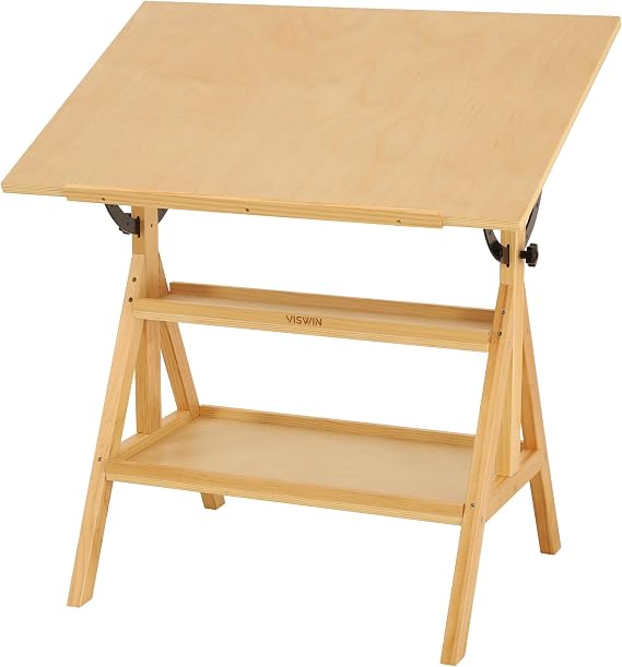 VISWIN Wood Drafting Table for Adults, Drawing Table with Adjustable Angle & 2-Tier Storage Racks for Art Studio, Solid Pine Wood Artist Desk for Drawing, Drafting, Writing, Reading, Sketching