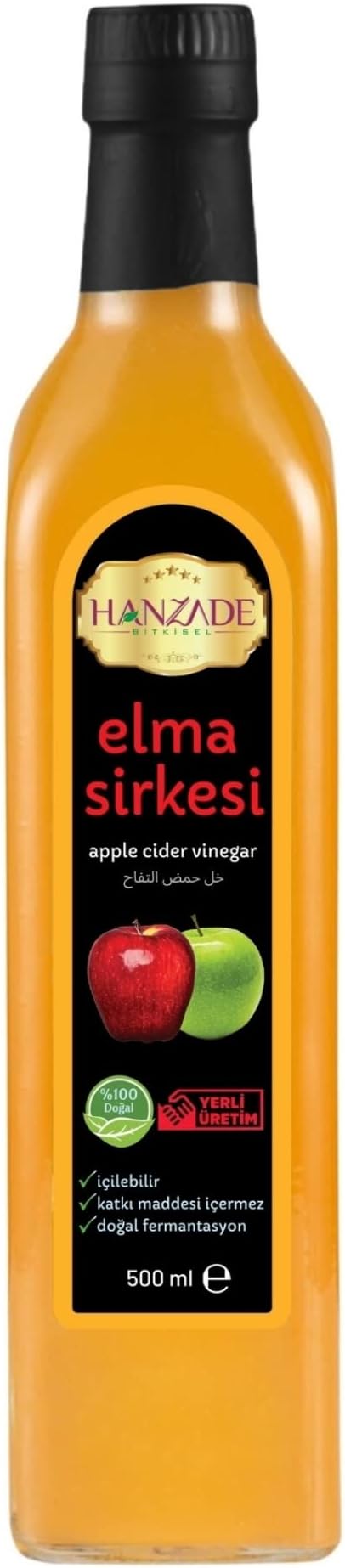 Hanzade Bitkisel Elma Sirkesi 500 ML Doğal Fermantasyon İçilebilir Katkısız Cam Şişe