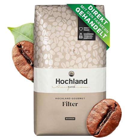 Hochland Gourmet Filter 1000 g (Whole Beans) - Full Bodied and Harmonious - Notes of Nut Chocolate Caramel Almond - 100% Arabica - Ideal for Filter Coffee