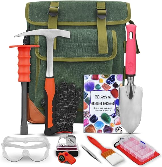 13-Piece Set - Geological Rock Pick and Hammer Set, Rockhound Field Guide - Backpacking Portable Chisel and 32-Ounce Hammer Set - Tools for Rock Hounding and Gold Mining (Red)