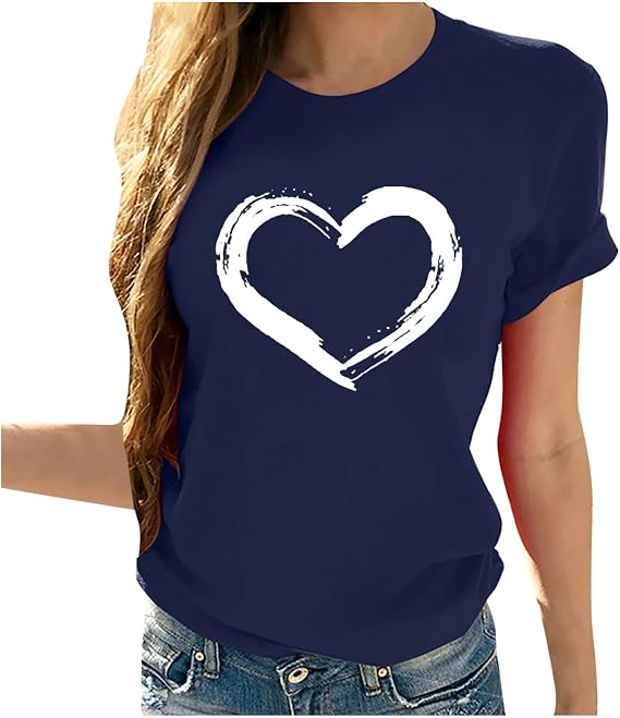 Womens Heart Print T Shirts Cute Casual Short Sleeve Round Neck Tops Funny Graphic Tees Loose Fit T-Shirt Blouses