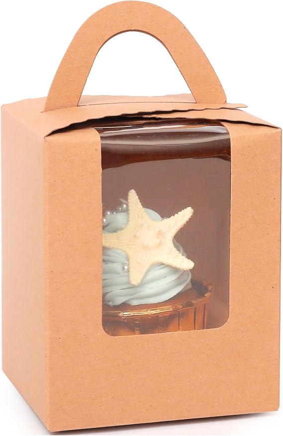 Gcardist Brown Cupcake Boxes Single Cupcake Holder Disposable 25 Pieces Individual Cupcake Boxes with Window 9.3 x 9.3 x 11 cm Cupcake Containers (3.7 x 3.7 x 4.5 Inches)