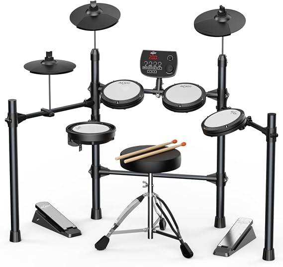 AiJoy Electronic Drum Set for Adults & Beginners | Quiet Mesh Pads with 5 Drums & 3 Cymbals, Dual-Zone Snare, USB MIDI, Sound Module, Includes Drum Throne, Headphones, Sticks