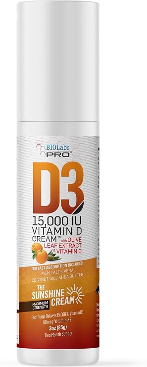 All Natural Vitamin D3 15000IU Vitamin D Cream, Maximum Strength Vitamin K2 | Fight Vitamin D Deficiency Naturally, with Olive Leaf Extract, Safe & Effective (15,000IU, 3.0oz)