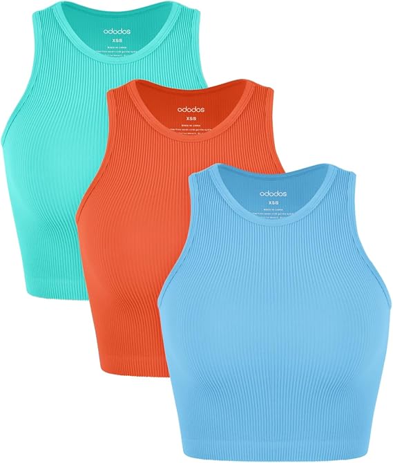 ODODOS 3-Pack Seamless Crop Tank for Women Ribbed Soft High Neck Cropped Tops