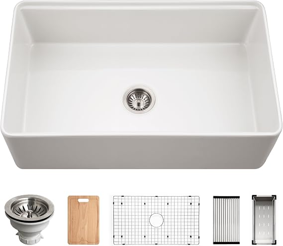 Houzer Aspire White Fireclay Workstation Sink: 30 Inch Farmhouse Apron Front Single Bowl Sink with Accessories, Durable & Versatile, Essential for Home & Apartment: PTW-3020S WH