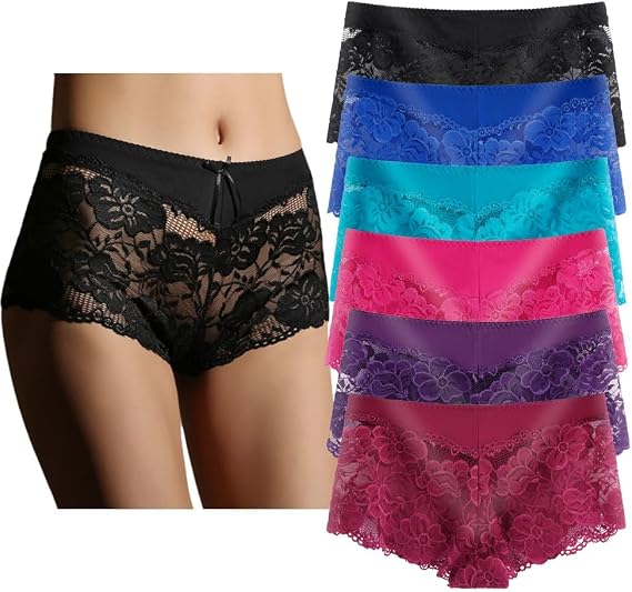 YaoKing Women's Plus Size Sexy Lace Boyshorts Underwear, Pack 6 Size S-5XL