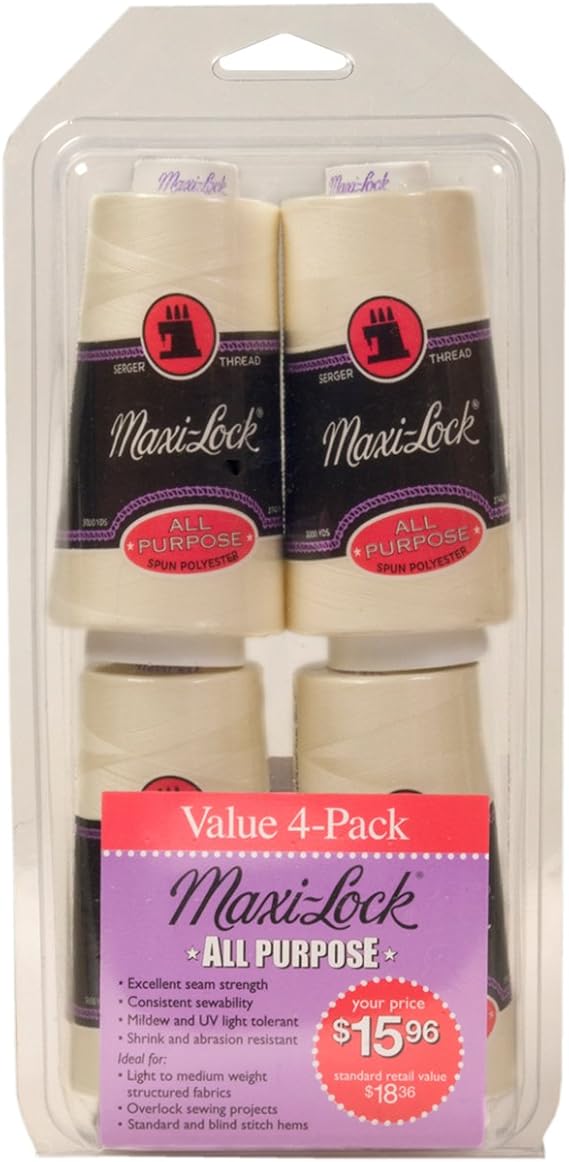 Maxi-Lock All Purpose Serger Thread - 4-Pack Eggshell Color, 3000 Yards Each, Low-Lint Polyester, Balanced Tension, for Overlock & Garment Sewing