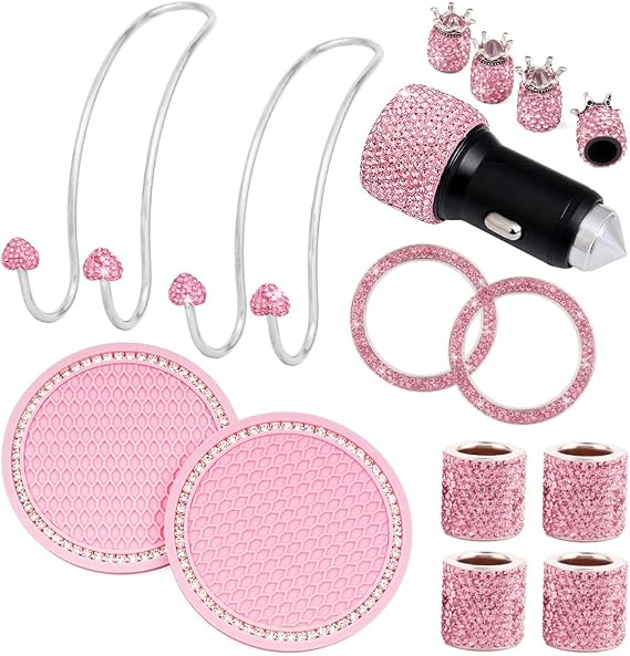 BUDDE 15 Pack Pink Car Accessories Set for Women - Bling Head Rest Rings, Adapter Charger, Hangers, Cup Coaster, Tire Valve Covers, Ignition Ring