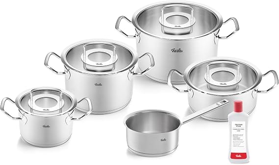Fissler Original Profi Collection Stainless Steel Cooking Pot Set 5 Pieces with Glass Lid + Free Stainless Steel Care Induction Silver