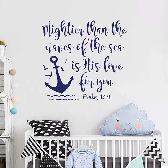 BATTOO Bible Verse Wall Decal Mightier Than the Waves of the Sea is His Love for You- Scripture Wall Decal Psalm 93:4- Nautical Nursery Wall Decal Quote(Navy Blue, 16" WX15 H)