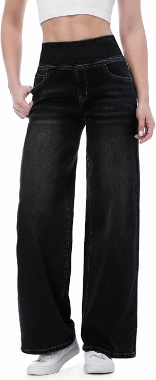 Pull on Wide Leg Jeans for Women, High Waisted Stretchy Baggy Trendy Tummy Control Straight Leg Jeans Denim Pants