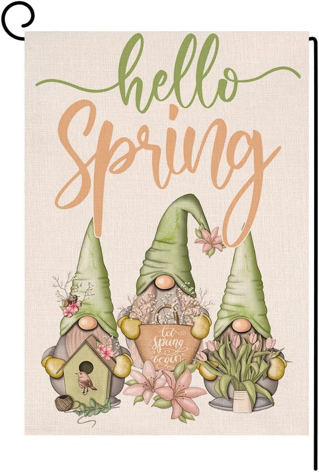 Hello Spring Gnomes Small Garden Flag Vertical Double Sided Burlap Let Spring Begin Bird Floral Farmhouse Yard Outdoor Decoration 12 x 18 Inches