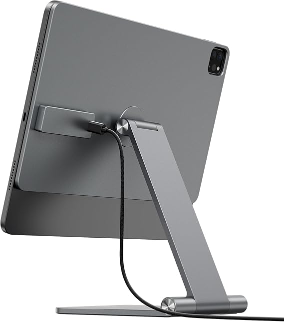 KU XIU [Upgrade] Magnetic Wireless Charging Stand for iPad Pro 11" M4/M5 Only, Foldable Aluminum Alloy Tablet iPad Holder Mount for Desk, 360 Adjustable Tablet Stand with 1M USB C Cable
