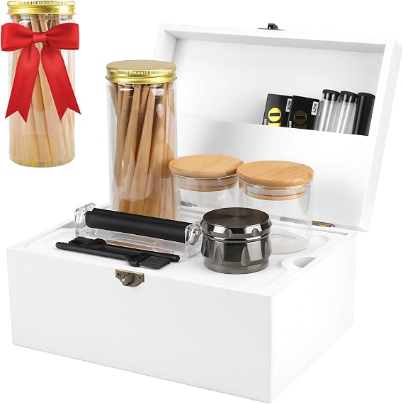 Large Bamboo Storage Box with Removable Tray Kit - Decorative Box Set, Glass Jars, and Accessories Wooden Storage Kit and Accessories Tool.Birthday Gifts