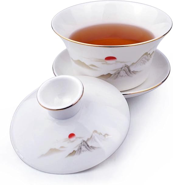 Gaiwan White Porcelain 500ml Teacup Sancai Cup Set with Lid Kungfu Tea Beautiful Mountain Sun(16oz)