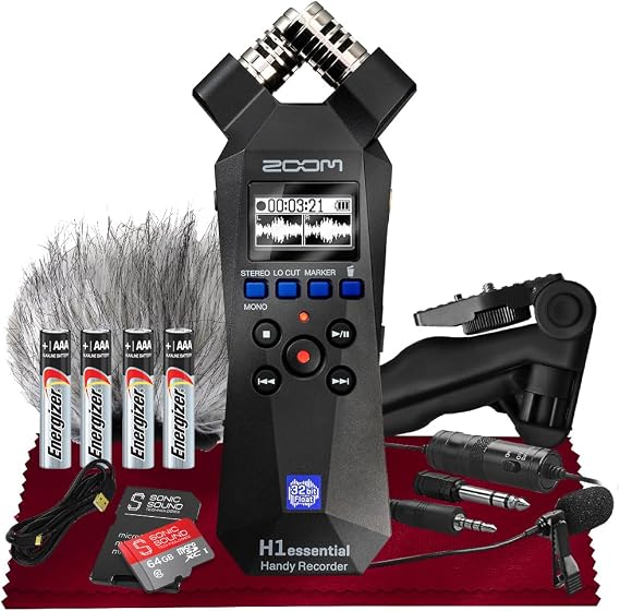 Zoom H1essential Stereo Handy Recorder, H1 Essential (H1E) Portable Audio Recorder 32 Bit Float, USB & X/Y Microphone, 64GB SD, Tripod, Condenser Mic, Mic Muff & More for Musicians Vloggers Filmmakers
