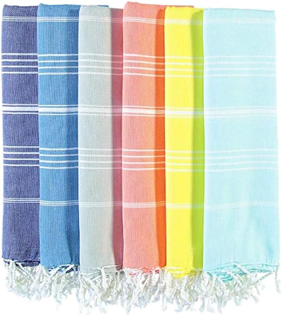 XL Turkish%100 Cotton Bath Beach Spa Sauna Hammam Yoga Gym Hamam Towel Fouta Peshtemal Pestemal Blanket - Set of 6 with Gift Bath Mitt (6, Multi)