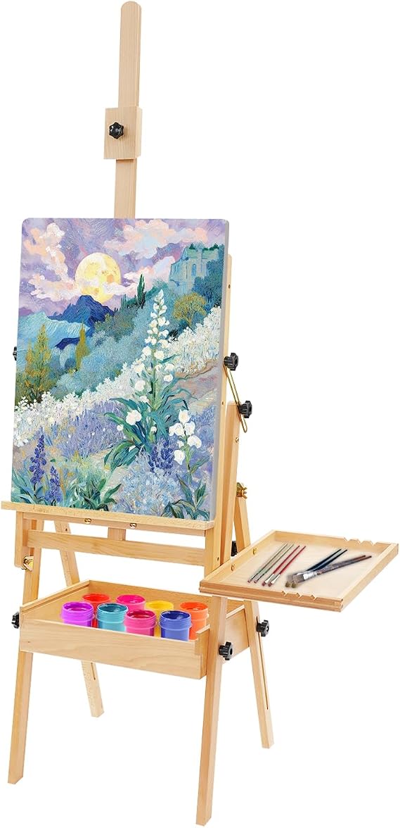 Foldable Easel Stand with Storage Box Tray, Adjustable Height Beech Wood Painting Holder for Artists, Students, Adults, Home Studio, Classroom, Outdoor Use (Natural Wood Color)