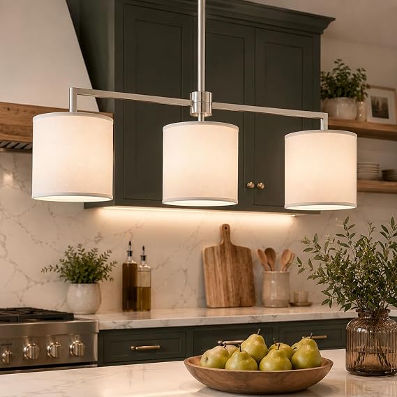 Emak 3-Light Dining Room Light Fixture, Brushed Nickel Kitchen Island Lighting with Linen Drum Shade, Modern Linear Chandeliers for Dining Room, Kitchen, Bar, IL128-BN-WF-3