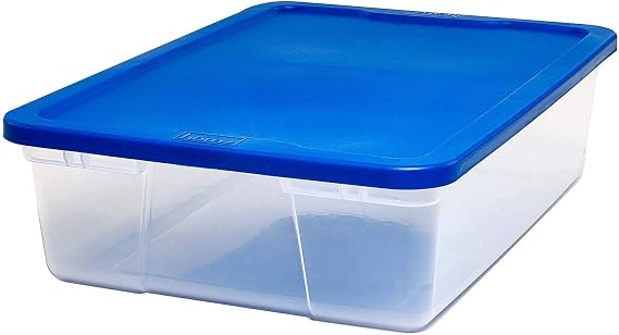 HOMZ Plastic Underbed Storage, with Lid, 28 Quart, Clear, Stackable, 8-Pack, Blue 3228CLBLDC.08