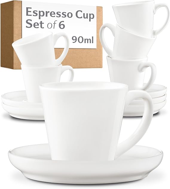 Cosumy Espresso Cups and Saucers Set of 6 - Cup and Saucer Set - Stackable Design - Tea Cup Set - Tea Cups and Saucers - Coffee Mugs - Cappuccino Cups - Gift Box - Coffee Cups Ceramic Set 70ml