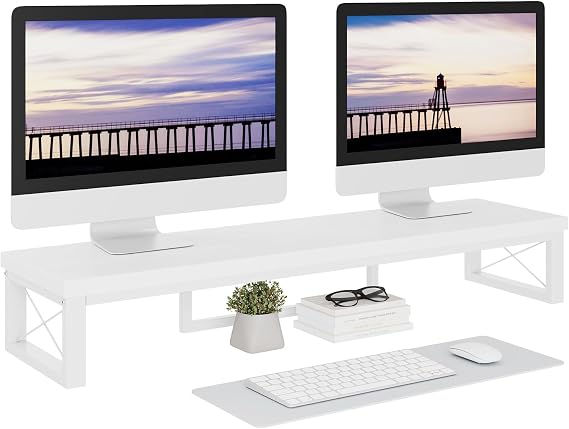 IBUYKE Large Dual Monitor Stand Riser for 2 Monitors, Wooden Desktop Computer Monitor Stand Storage Shelf and Steel Legs,Dual Screen Office Desk,Monitor Riser for Computer, Printer,Laptop,TV,White UTDJ002W