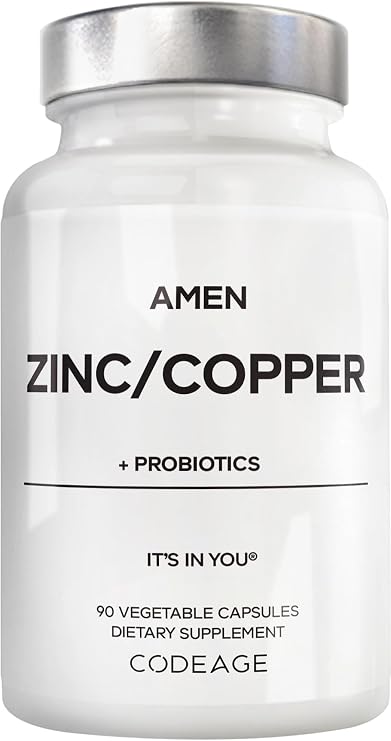 Amen Zinc & Copper Supplement + Probiotics, 3 Months Supply, One Per Day - 50 mg Zinc Picolinate Vitamin Pills - Essential Minerals Supplements 2 Billion CFUs Probiotic Vegan, Non-GMO, 90 Capsules | NSF Certified - Zinc picolinate 50mg, copper, 2 billion CFU probiotics, one capsule daily. Three-month supply. Non-GMO.