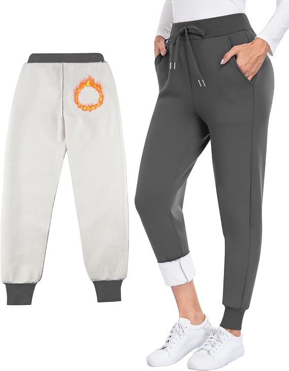CHRLEISURE Fleece Lined Pants Women - Thermal Winter Warm Cold Weather Athletic Jogger Sweatpants with Pockets