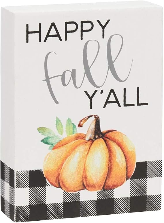 Collins Painting Mini Fall Wood Block Sign - Checkered Pumpkin Sign for Fall Themed Decor (Happy Fall Y'all)