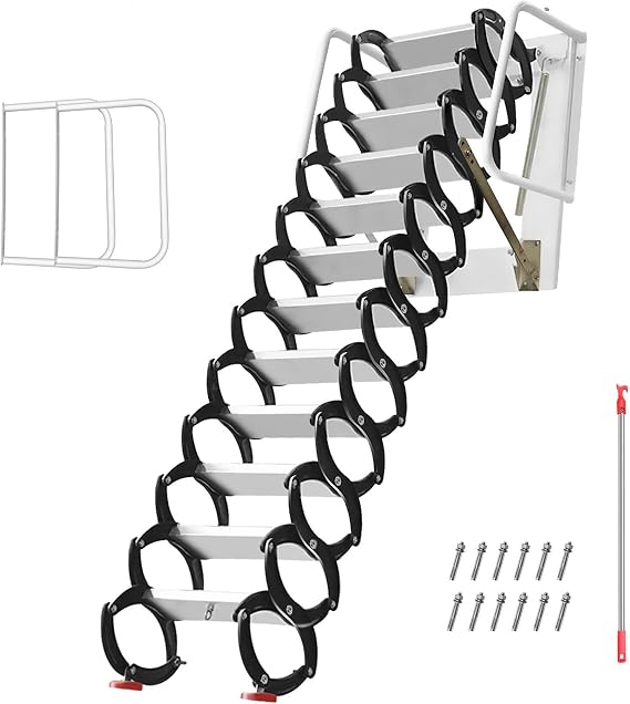 Heavy Duty Aluminum Magnesium Alloy Attic Ladder Pull Down System, Foldable Wall Mounted Attic Stairs, 12FT 12 Steps Pull Down Attic Stairs with Handrail for Basement Roof Loft Storage, 1102LBS