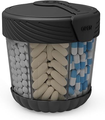Pill Dispenser with 7 Large Compartments,Portable Pill Bottle Organizer for Travel,Anti-Mixing Supplement Organizer Easy Twist Wide-Opening Pill Container with 20Pcs Labels,Translucent Black