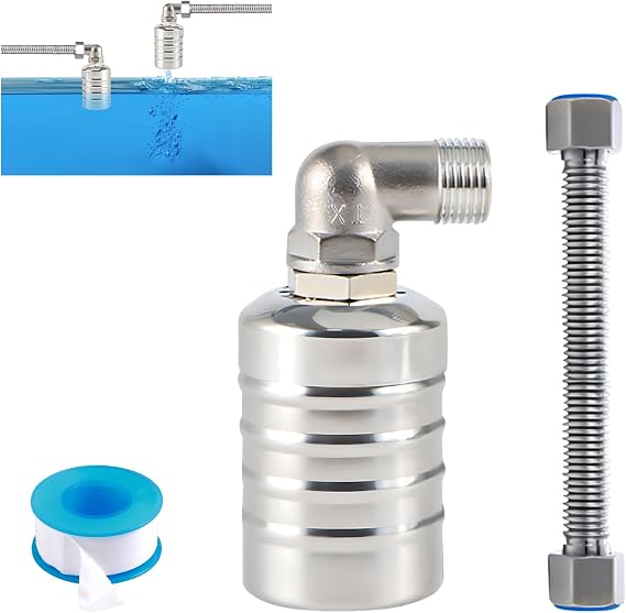 1/2 Inch Float Valve Automatic Water Level Control Valve with 30 cm Corrugated Pipe and Tap 304 Stainless Steel Float Valve for Water Tanks Pools Water Towers and Hydroponics