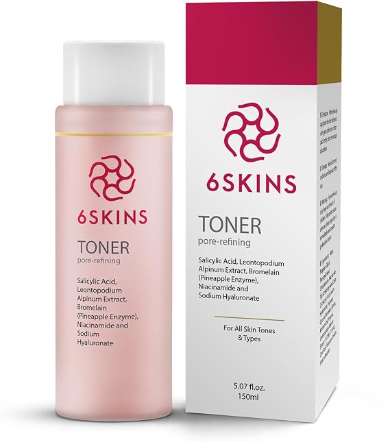 6SKINS Pore Refining Toner for Face with Salicylic Acid (BHA) & Glycolic Acid (AHA) - Hydrating Korean Skin Care Face Toner for Women - Pore Minimizer for Face, Brightens & Moisturizes Skin - 150 ml