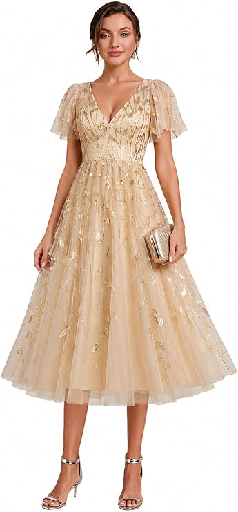 Ever-Pretty Women's V Neck A Line Cocktail Dresses Embroidery Short Sleeves Midi Sequin Formal Wedding Guest Dress 02230