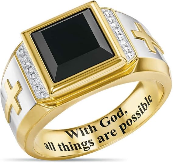 SixTwo パーソナライズ 宗教ジュエリー 神 All Thing are Possiable Christian Faith 2トーンメッキ クロス模造ブラックオニキスリング インスピレーション 祈り リング 結婚指輪 男性用
