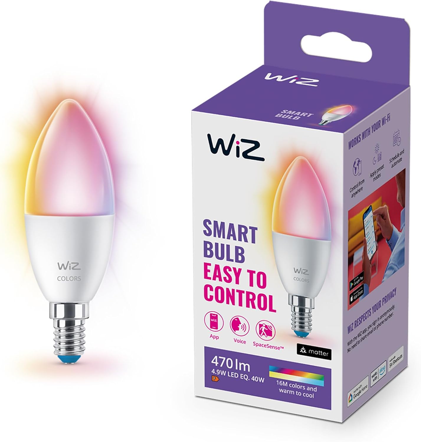 WIZ Wi-Fi 40W Colorful Smart Candle Type Bulb C37 E14