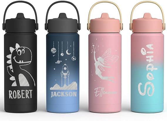 Personalized Stainless Steel Kids Water Bottle - Double Vacuum Insulated - Hydration Bottle - Custom 18 oz Water Tumbler for kids - Customized Gifts for Boy & Girl - Engraved