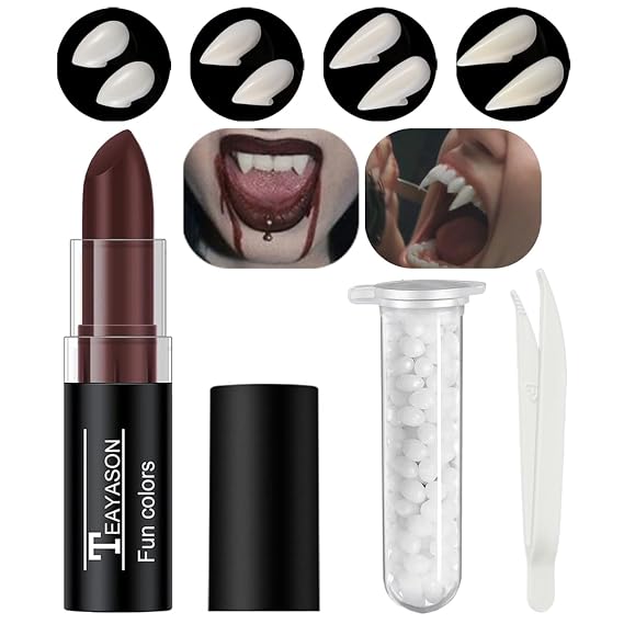Mysense Vampire Fangs Teeth Makeup Kit, 4 Pairs Fake Teeth in 4 Sizes and 1 Dark Red Lipstick, Vampire Costume Accessories for Halloween SFX Makeup