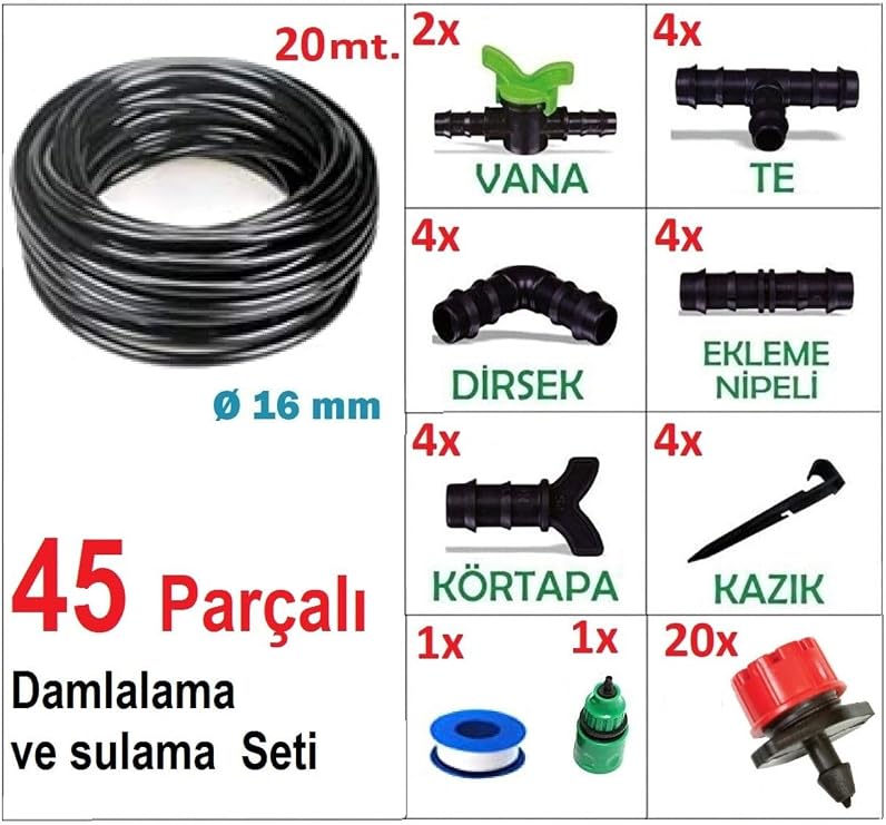 Depolife Bahçe Bitki Fidan Sulama Damlalama Seti 45 Parçalı Hortum Boru Nozul Ve Boru Bağlantı Aparatları