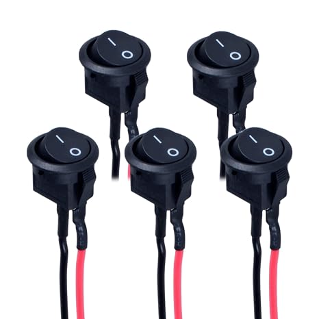 5Pcs Mini Round Rocker Switch 15mm ON Off Latching Toggle Switch SPST 2Pin 6A 125VAC Snap-in Design with Pre-Wired Cable 12VDC for Car Boat Automotive RV (Black Button)