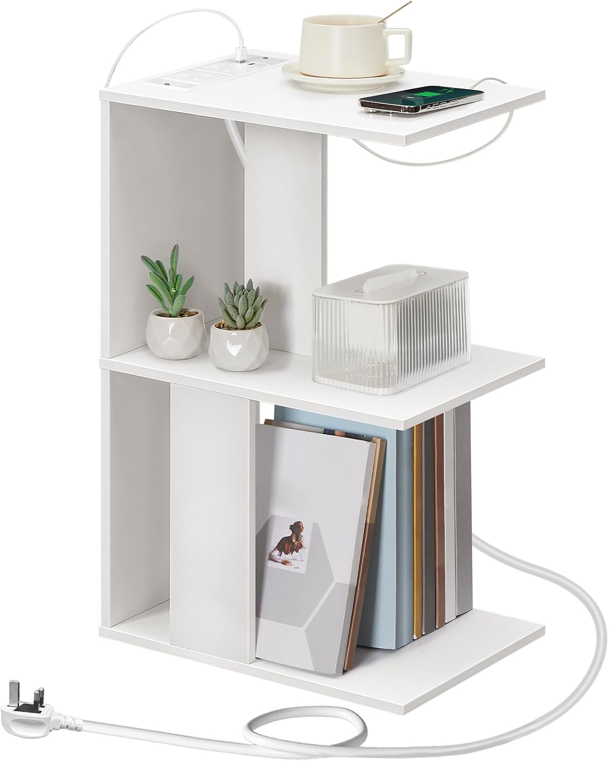 MAHANCRIS End Table with Charging Station, Narrow Side Table for Small Spaces with USB Ports and Outlets, Bedside Nightstand with Light for Living Room, White AETWT18KE01