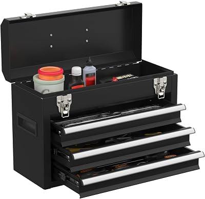 Portable Metal Tool Box with Drawers, Latches Tool Box with EVC Liners, Heavy Duty Tool Chest with Powder Coating for Garage, Office and Home Black