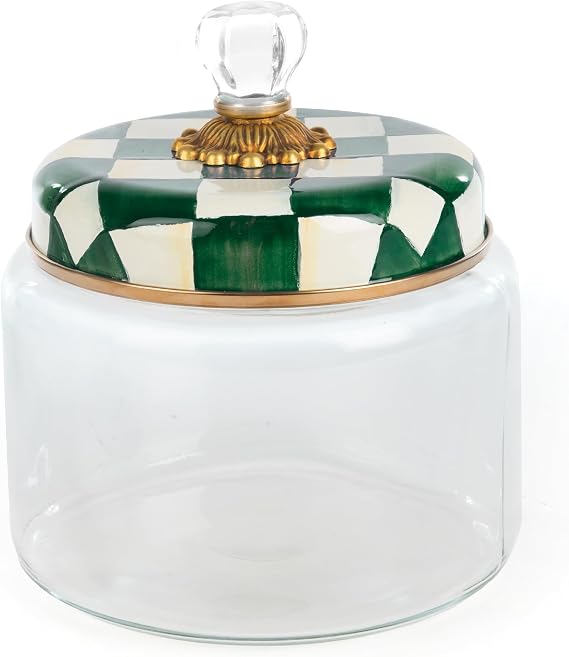 MACKENZIE-CHILDS Medium Kitchen Canister, Decorative Glass Storage Jar with Lid, Green-and-White Emerald Check