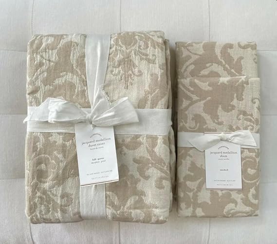Pottery Barn Jacquard Medallion Duvet Cover Full/Queen & Two Standard Shams~Ivory/Flax~