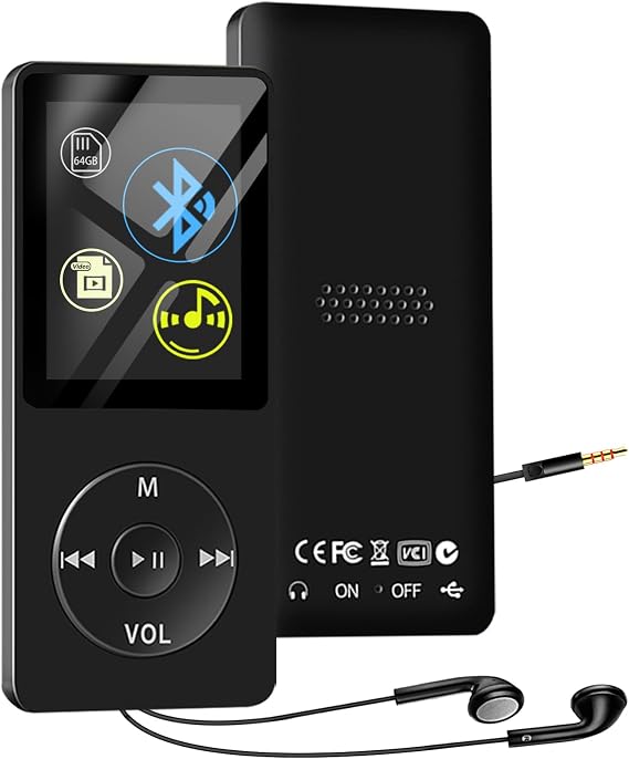64GB MP3 Player with Bluetooth and HD Speaker, Lightweight Size for Sports | Multifunctional MP3 Music Player with FM Radio, Recording, Random Playback Function, Up to 128GB Extension, Including Earbuds