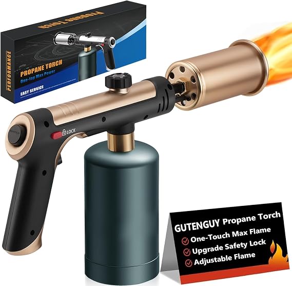 Powerful Propane Torch with One-Touch Max Fire, Adjustable Kitchen Torch with Safety Lock, Flamethrower, Blow Torch Gun for Grill, BBQ, Sous Vide, Campfire Starter (Tank Not Included)