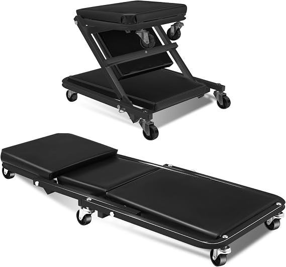 40 inch Foldable Z Creeper Rolling Seat for Garage Shop Auto Repair | 330LBS Capacity 2 in 1 Chair with Wheels, Black