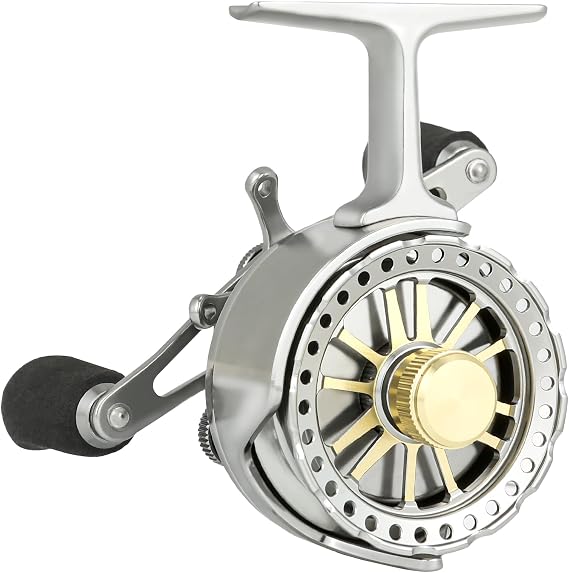 Inline Ice Fishing Reel with Adjustable Drop Rate, Star Drag and Push-Button Free Spool Feature, Made of CNC Machined Aluminum 2.7:1 Ratio 5 Ball Bearings